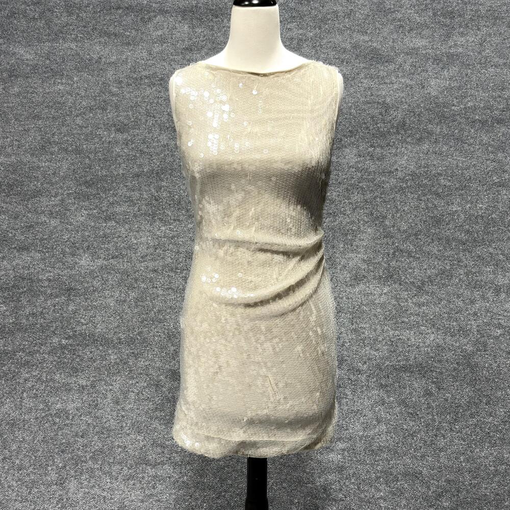 STAUD Dress Womens Small Beige Sequin Sleeveless Bodycon Cocktail Party Mini